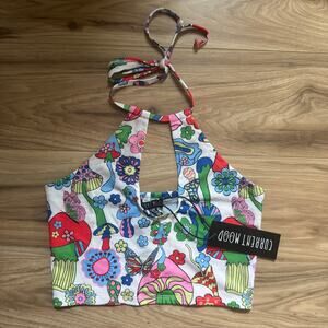 NWT Dolls Kill Current Mood Mushroom Print Cropped Keyhole Halter Top